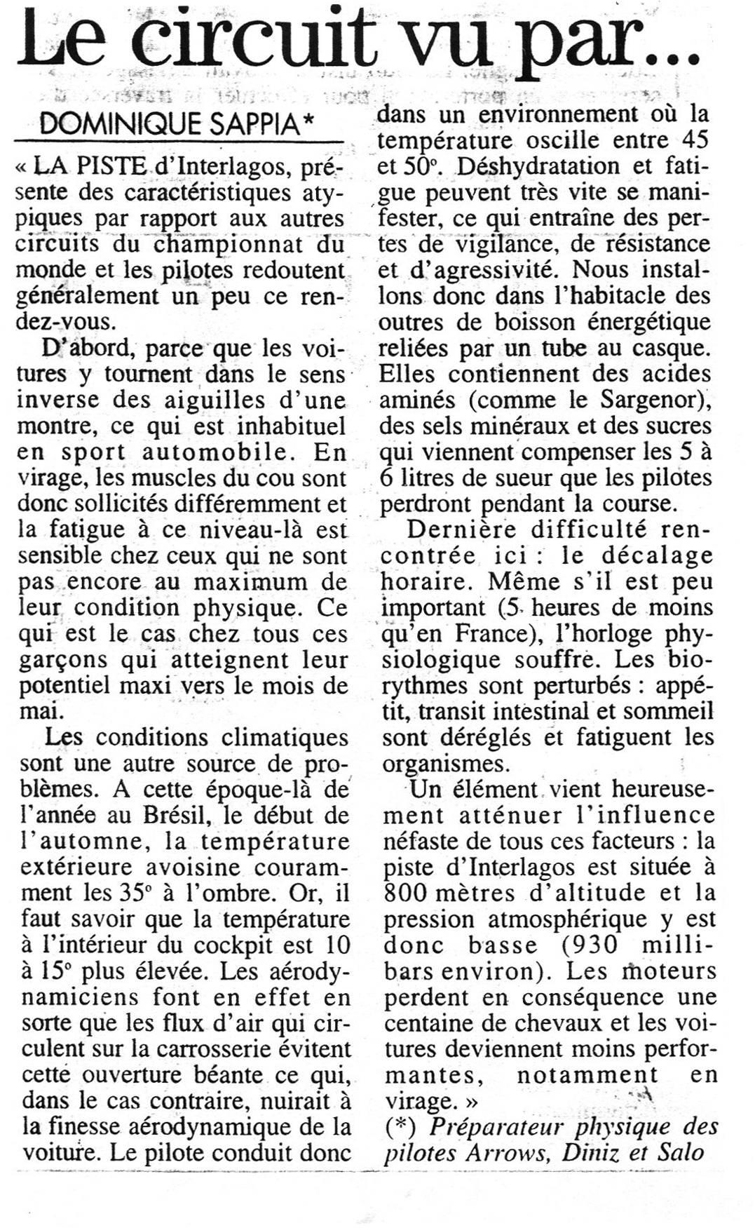 Interlagos. Le circuit vu par Dominique Sappia. Le Journal du Dimanche. 29.03.1998