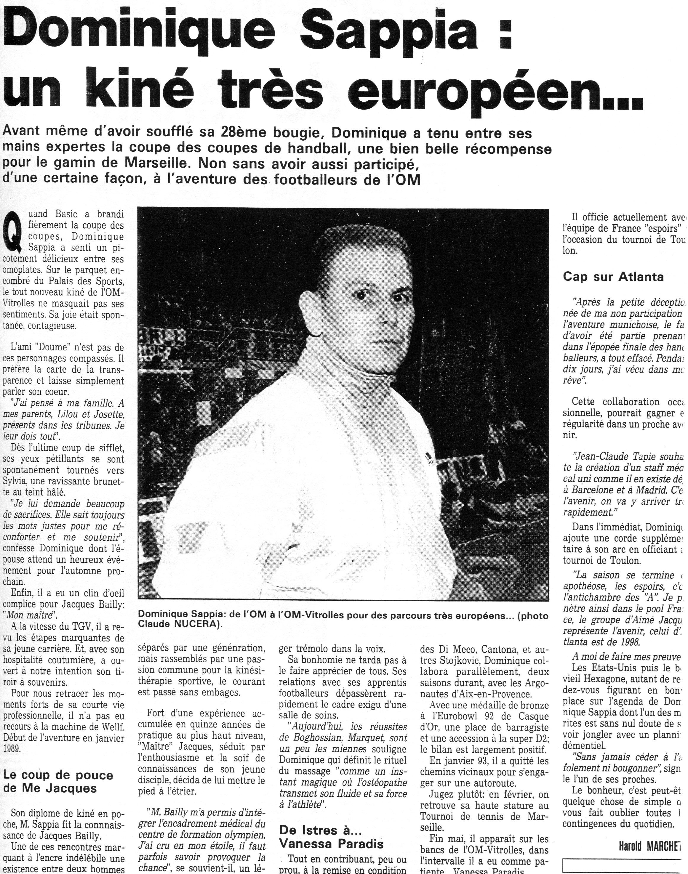 Dominique Sappia: un kiné très européen. Le Méridional. 20.09.1993