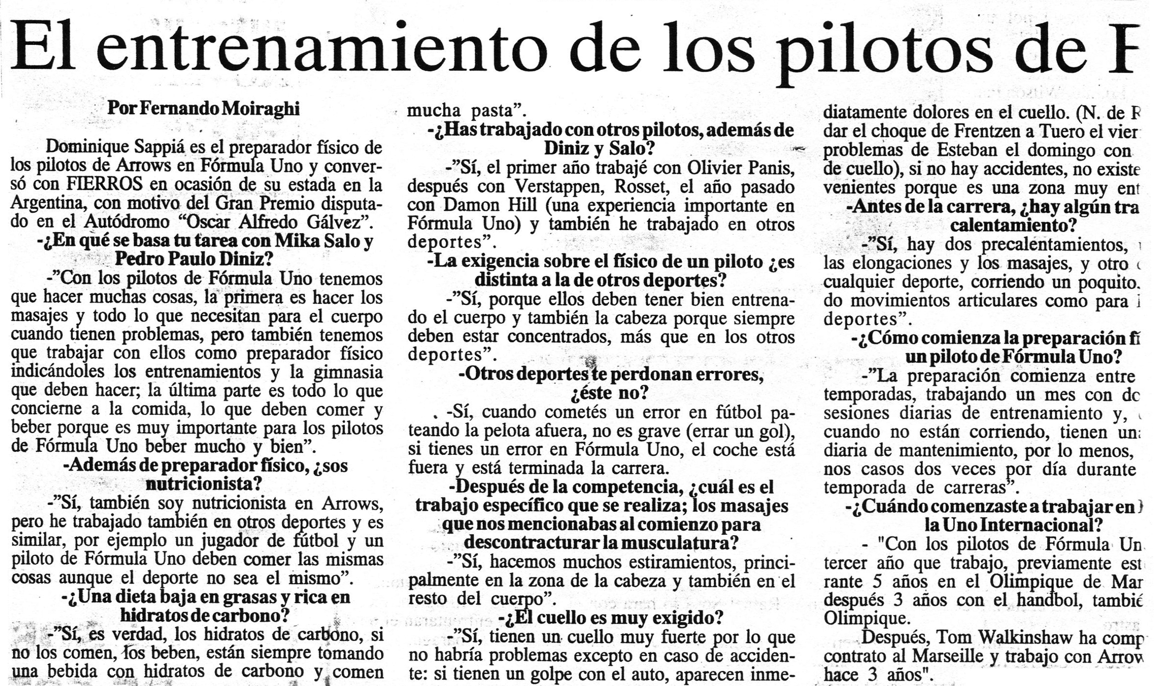 El entrenamiento de los pilotos de F1. La Reporta Patagonia -Argentina. 17.04.1998 (article en espagnol)