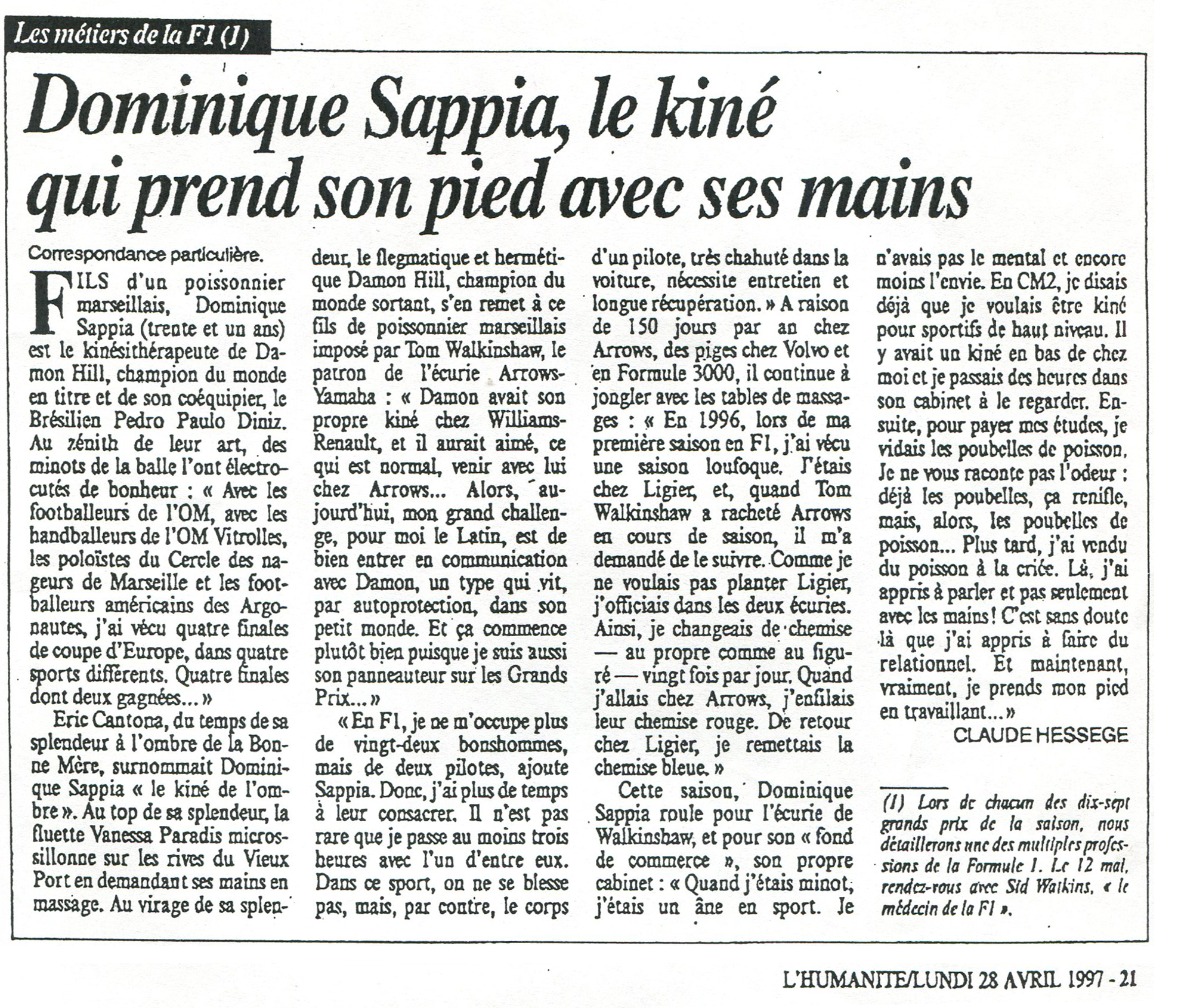 Dominique Sappia, le kiné qui prend son pied avec ses mains. L'Humanité. 28.04.1997