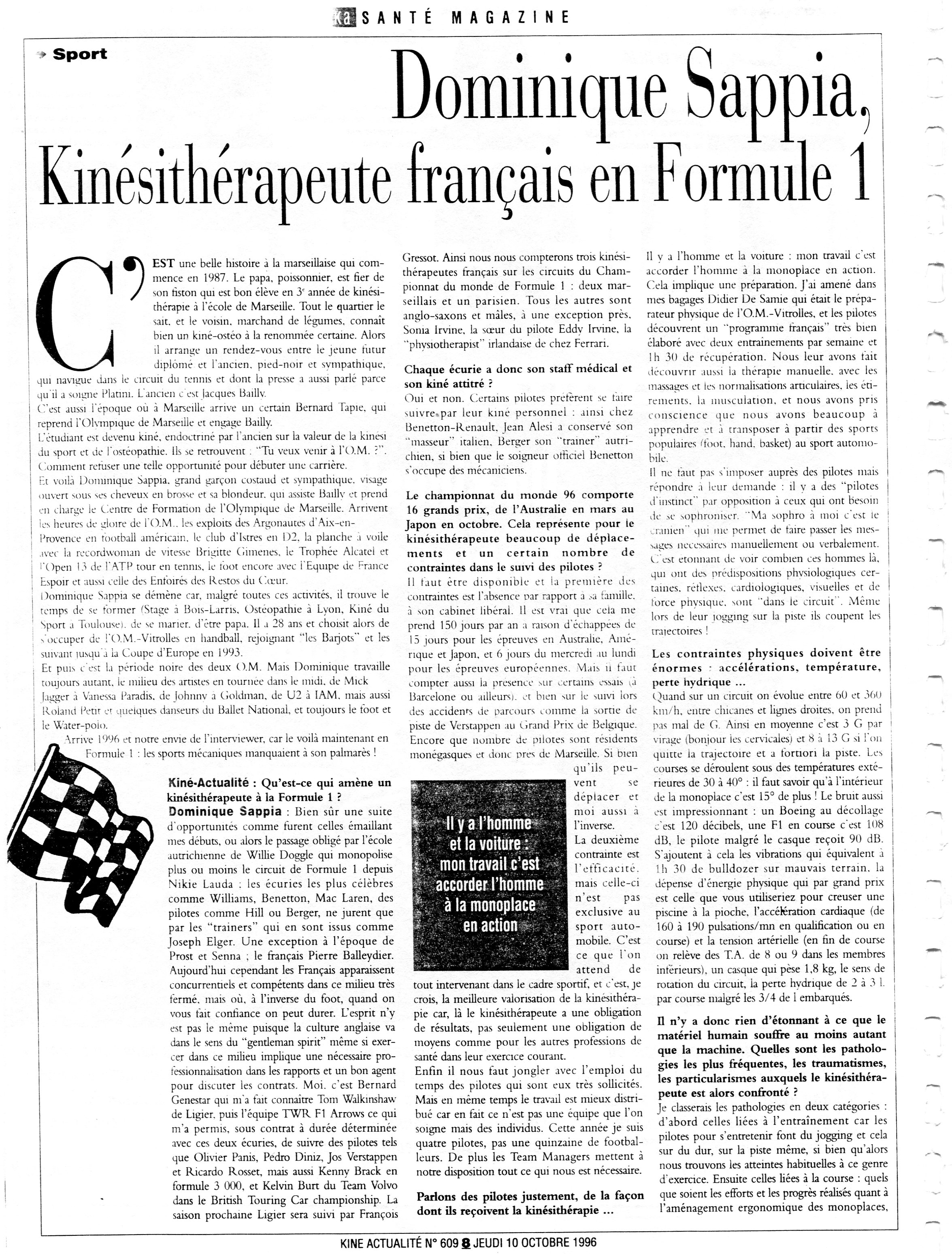 Dominique Sappia, kinésithérapeute français en formule 1. KA  Santé magazine. 10.10.1996 