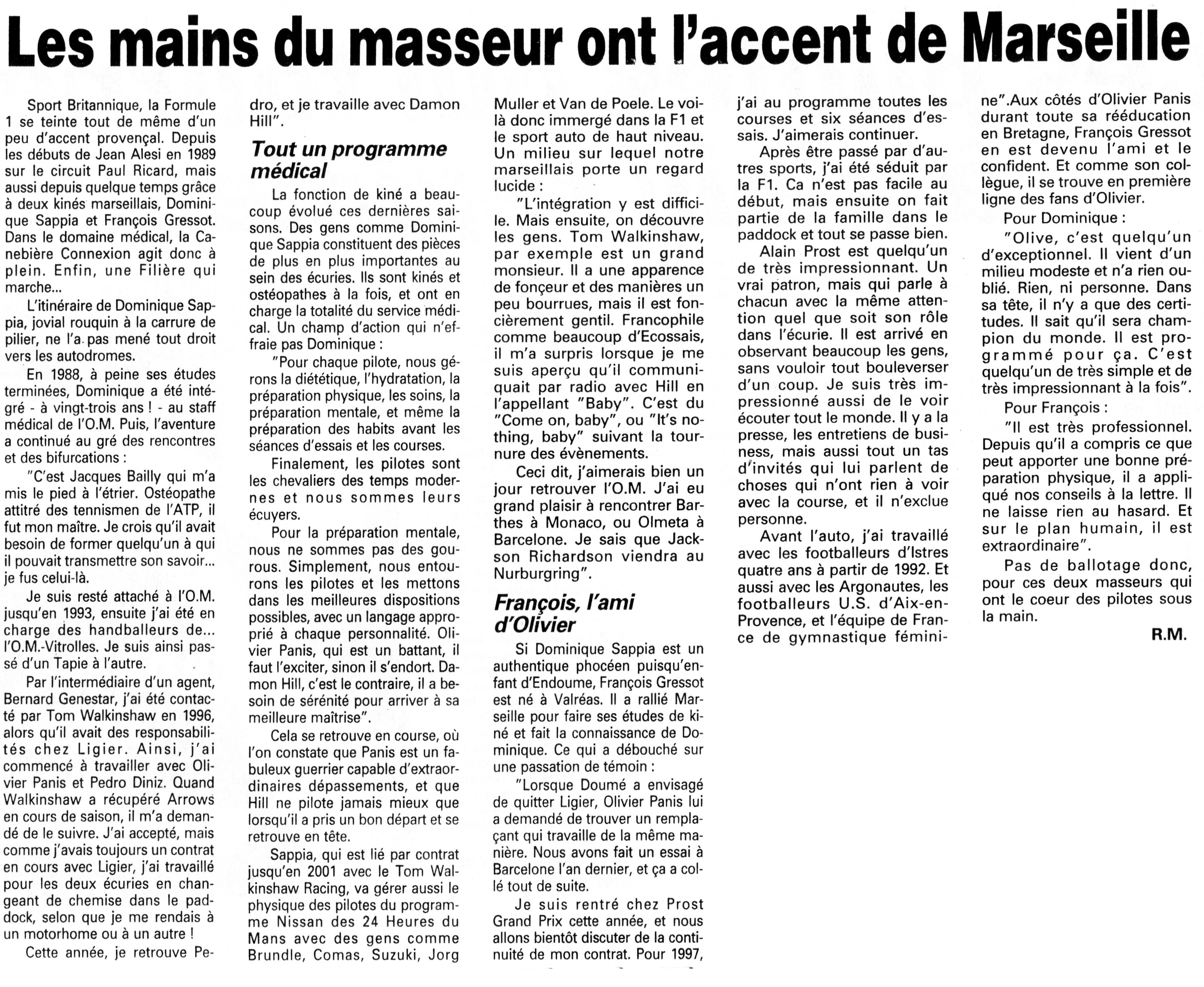 Le smains du masseur ont l'accent de Marseille. Var Matin. 23.09.1997